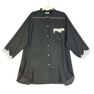 Natori II Womens Vintage Sheer Polka Dot Lace Trimmed Button Up Nightgown Small